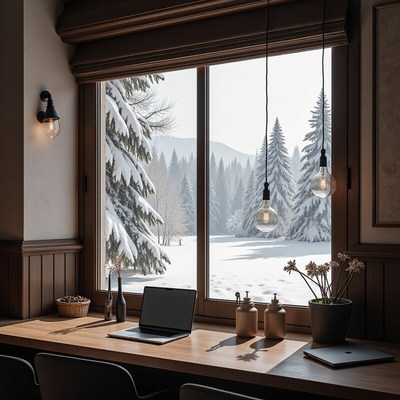 Cozy winter workspace with snow-covered landscape view