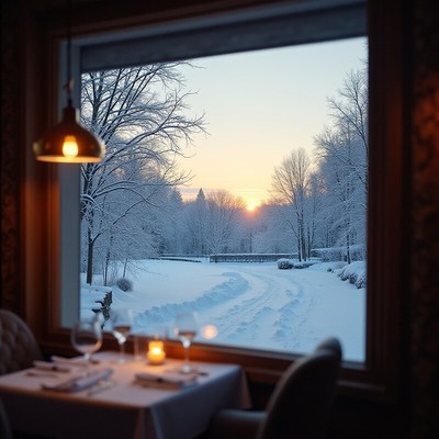 Winter evening view from a cozy dining room setting