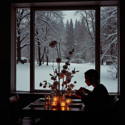 Cozy winter dining experience with snowy view outside