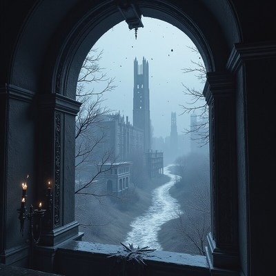 Mysterious landscape with dark ruins and a winding river