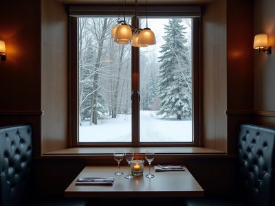 Cozy winter scene from a restaurant with snowy view