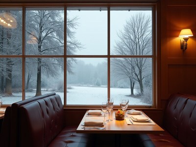 Cozy winter view from a restaurant window