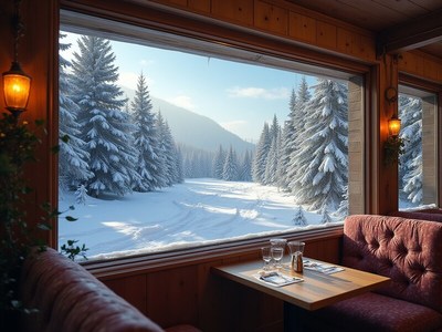Cozy cabin view of snowy landscape and pine trees