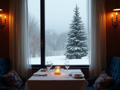 Cozy dining setup with snow-covered tree outside window
