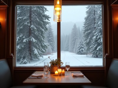 Scenic winter dining with snow-filled landscape view