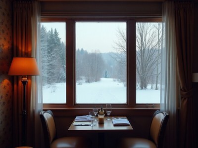 Cozy dining room with snowy view in a winter landscape