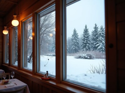 Winter scene viewed from cozy cabin windows