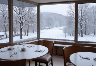 Winter scene viewed from a cozy restaurant table
