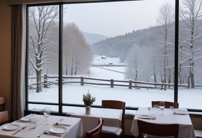 Winter view from a cozy restaurant in the mountains