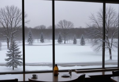 Winter view of snowy landscape from indoor seating area