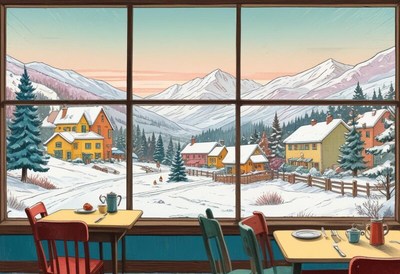 Winter scene from a cozy cabin overlooking snowy mountains