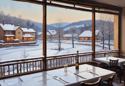 Winter scene from a cozy restaurant overlooking snow