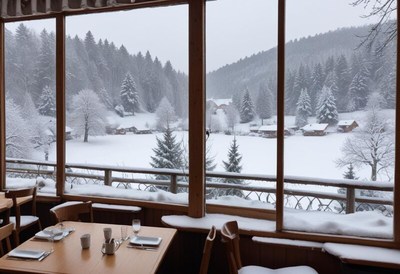 Winter view from cozy cabin dining area in forest