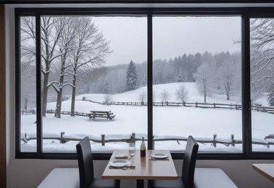 Winter restaurant view with snow-covered landscape