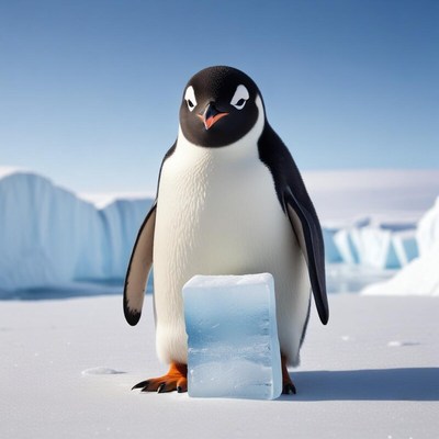Penguin standing next to an ice block in a snowy landscape