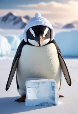 Penguin wearing a hat standing next to an ice block