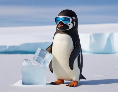 Penguin wearing sunglasses near ice block in snowy landscape