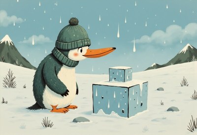 Penguin explores ice block in snowy landscape