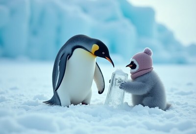 Penguin family enjoying ice play in the snowy landscape