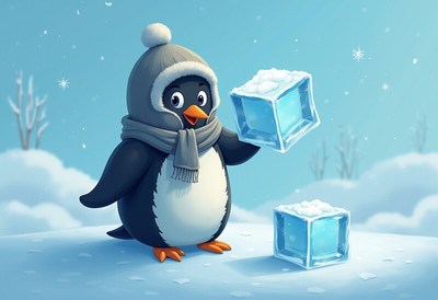 Cute penguin playing with ice blocks in winter snow