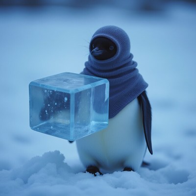 Penguin holding an ice cube in a snowy landscape
