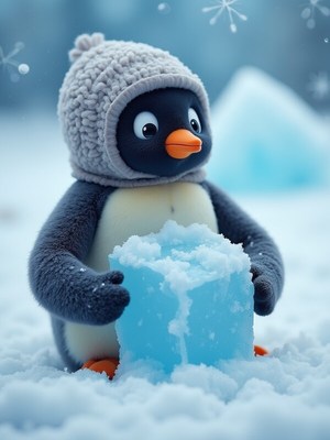 Penguin with ice cube in snowy landscape