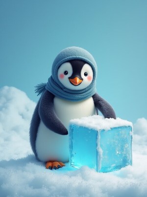 Cute penguin with ice block in snowy environment