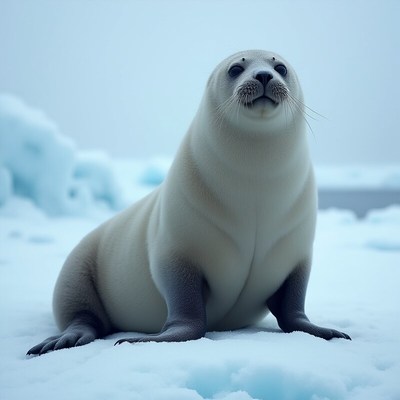 Curious seal resting on ice in a calm arctic landscape