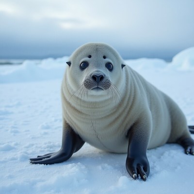 Seal resting on the snow in a cold, icy landscape