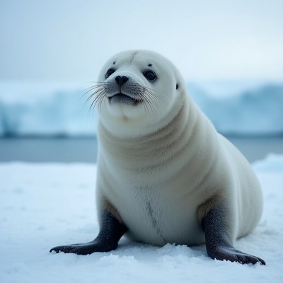 Seal resting on a snowy landscape near icy waters