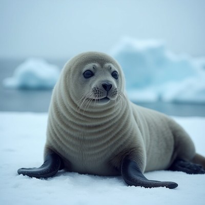 Seal resting on an icy shore by the ocean