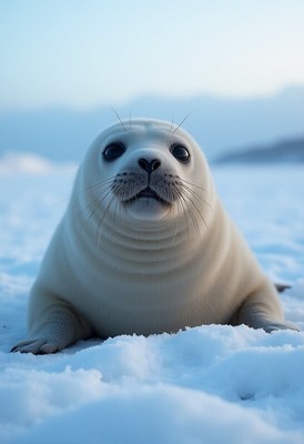 Cute seal resting on snowy landscape in winter