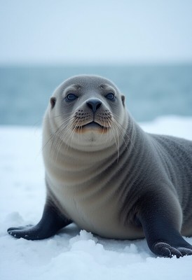 Seal relaxing on snowy shore near the ocean