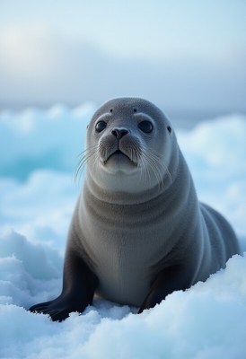 Seal resting on snow in a cold environment