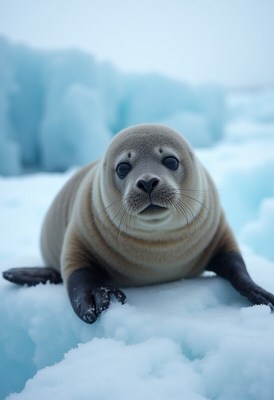 Curious seal resting on ice in cold environment