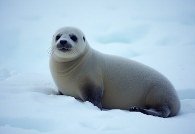 Cute seal resting on snowy landscape in winter