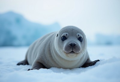 Seal resting on snowy landscape in cold environment