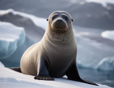 Seal resting on ice in a cold arctic landscape