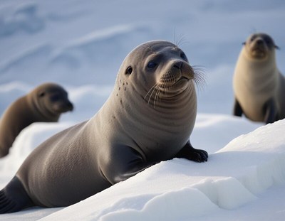 Seals lounging on snow-covered ice in a cold landscape