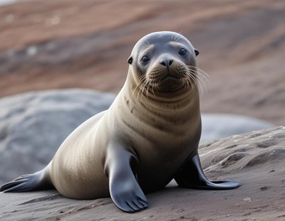 Playful seal resting on sandy shore in bright sunlight