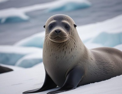 Seal resting on ice in a calm ocean scene