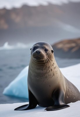 Seal resting on ice near the ocean shoreline during daytime