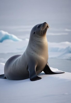 Seal lounging on icy shore near calm waters