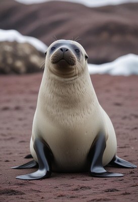Seal resting on the sandy beach near rocky coast