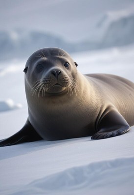 Seal resting on ice in a snowy landscape