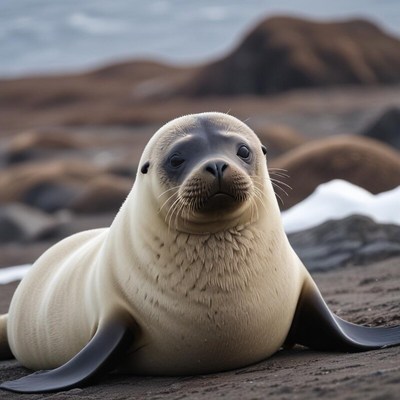 Seal resting on sandy shore with rocky background