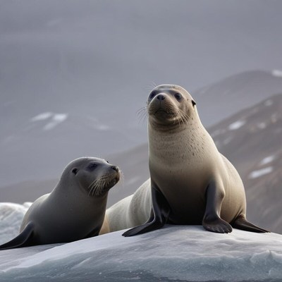 Seals basking on ice in beautiful mountain landscape