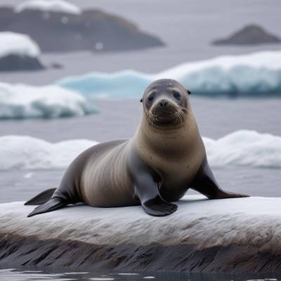 Seal resting on ice in a serene cold landscape