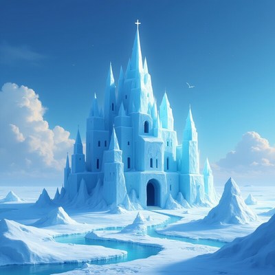 Majestic ice castle on a winter landscape