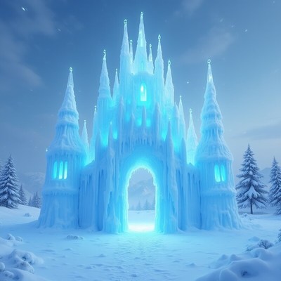 Enchanted ice castle in the snowy landscape at dusk